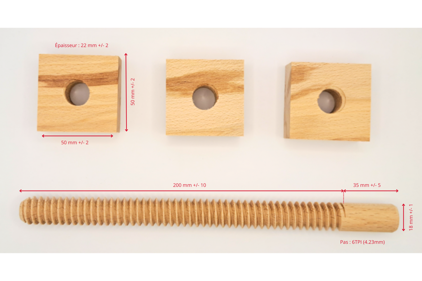 Lot de 3 écrous & 1 filetage long en bois